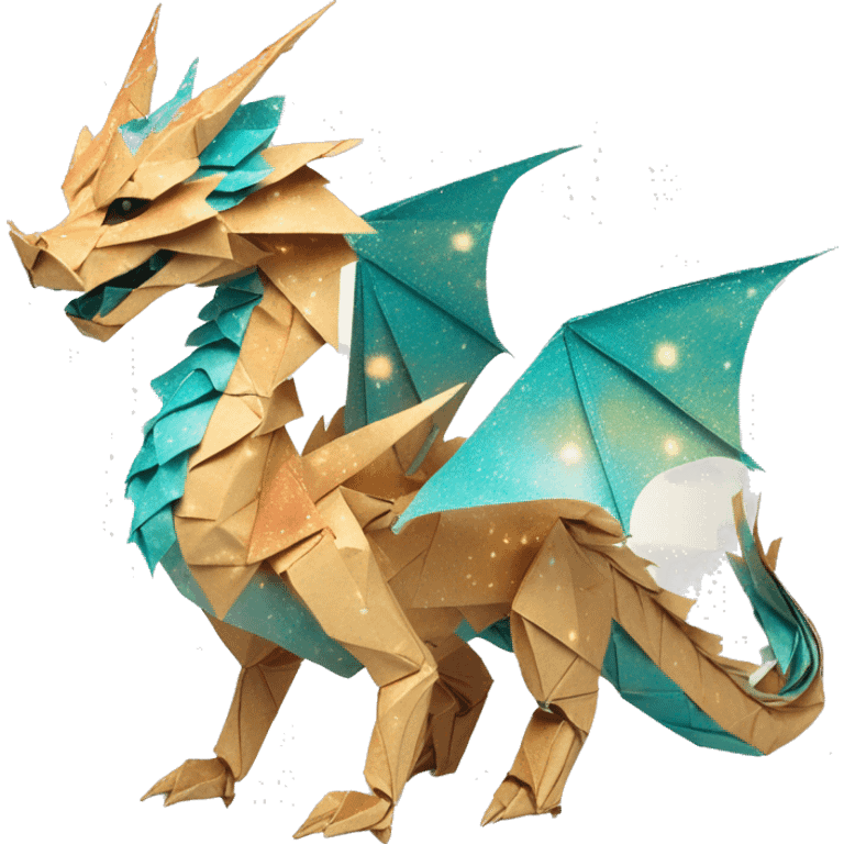 Sparkling patterned Beige Origami dragon with a dried flower crown made of newspapers intricate patterns surrounded by fairy lights nebula galaxy stars swirls iridescent orange cyan yellow emoji