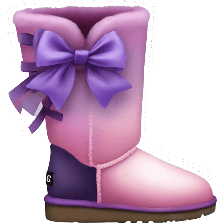 Realistic pair of pastel pink,to dark purple ombre Ugg fur boots with silk ribbon bows. emoji