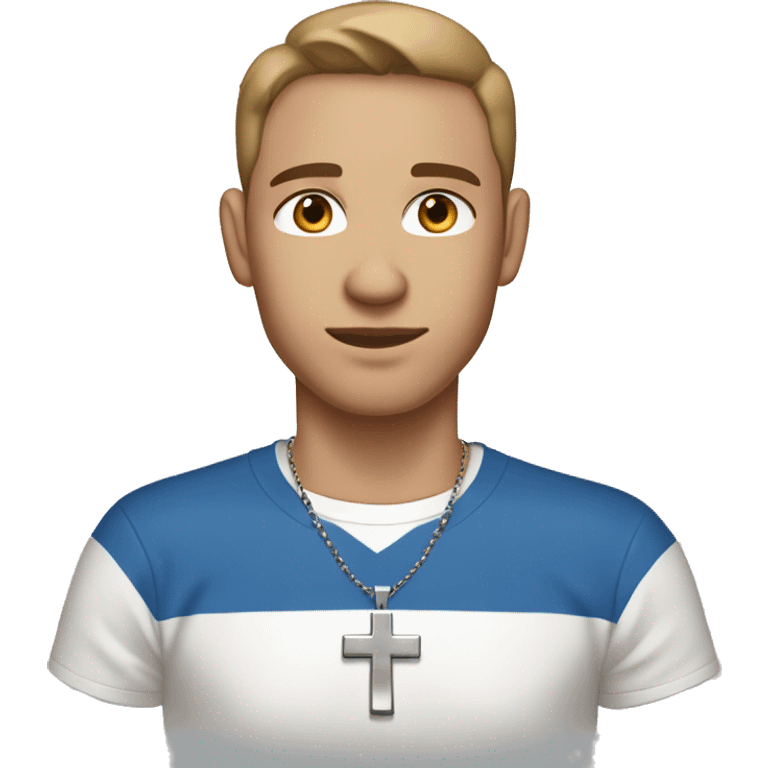 A guy with blue eyes, light skin, shaved brown hair under 0.5, wearing white T-shirt, a silver earring piercing with a cross on one ear. emoji