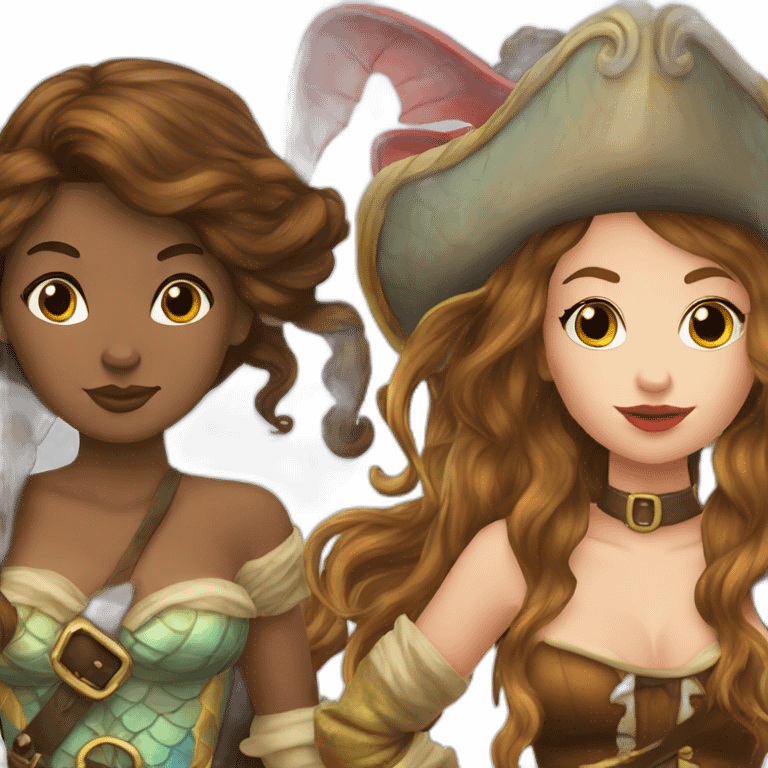 Brown haired mermaid and woman pirate kissing emoji