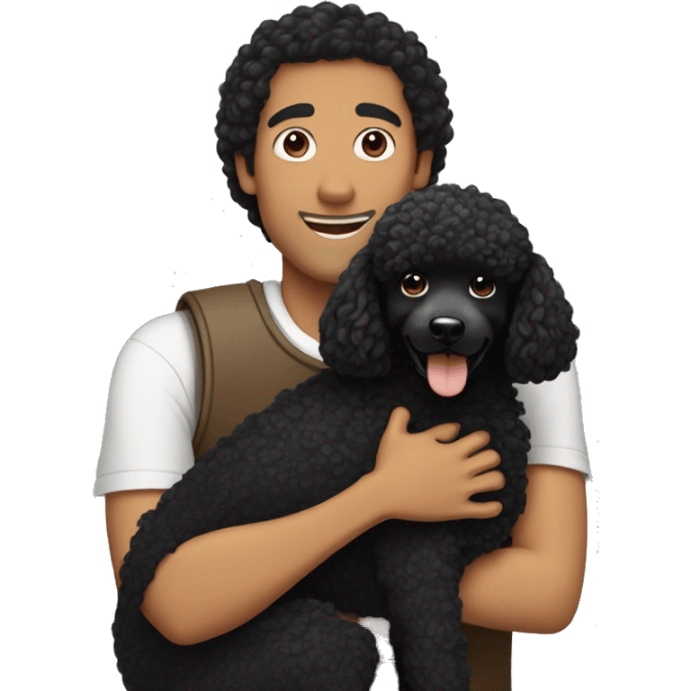 Black haired guy hugs black poodle dog  emoji