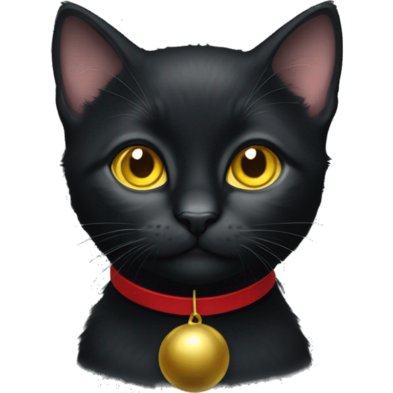 Black kitten with yellow eyes and a red collar with a little bell emoji