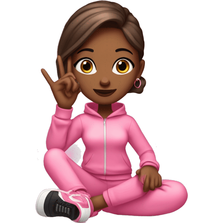 Girl emoji: pink tracksuit, hoop earrings, pink lips, lashes, nails. Poses: peace sign, nails, phone, arms crossed. full body stnding legs plus shoes emoji