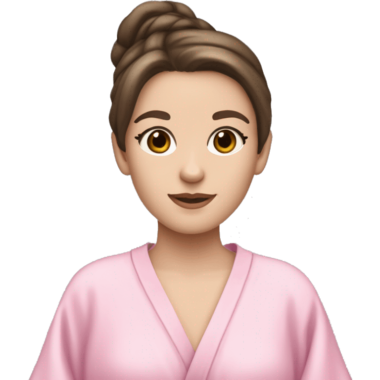 Brunette hair pale skinned but not so pale a little tan girl with a facemask and a cute pink robe and a cute skincare headband  emoji