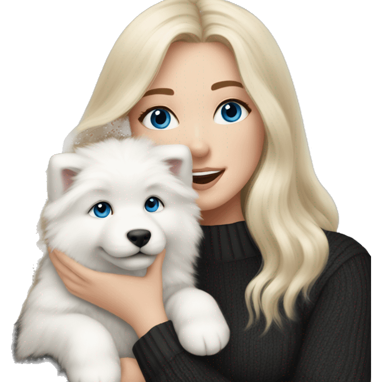 blonde girl with long hair and blue eyes in a black sweater holds a Samoyed puppy in her arms emoji