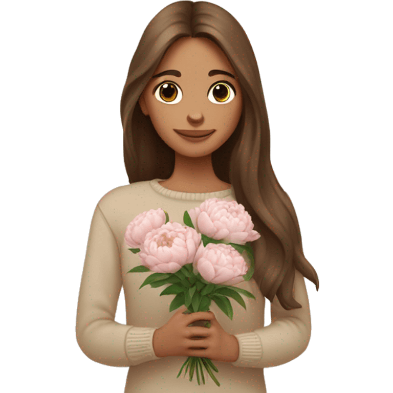 girl with long brown hair in beige sweater Holds a bouquet of peonies emoji