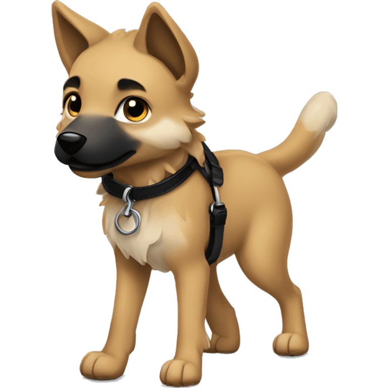 4 short legs a light brown puppy-like wolf with black  ears with black leash  is walking emoji