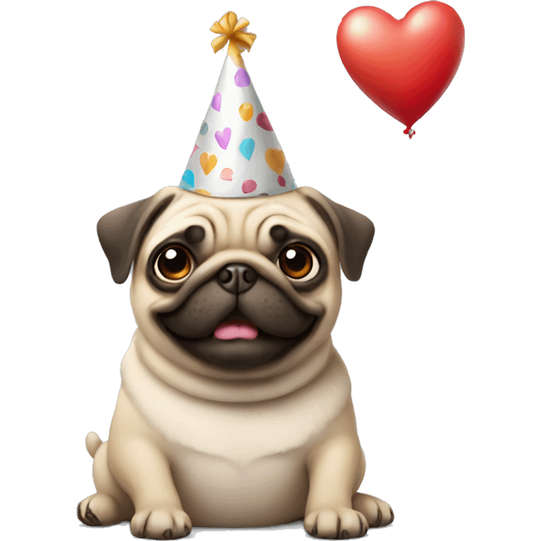 Pug wearing a birthday hat and holding a heart balloon  emoji