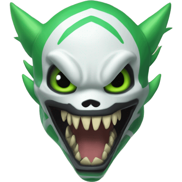 Digimon-Fakémon, horns, black body, green mane, anthro, furry, shark, skull face, skull mask, green stripes, tufted tail,  emoji