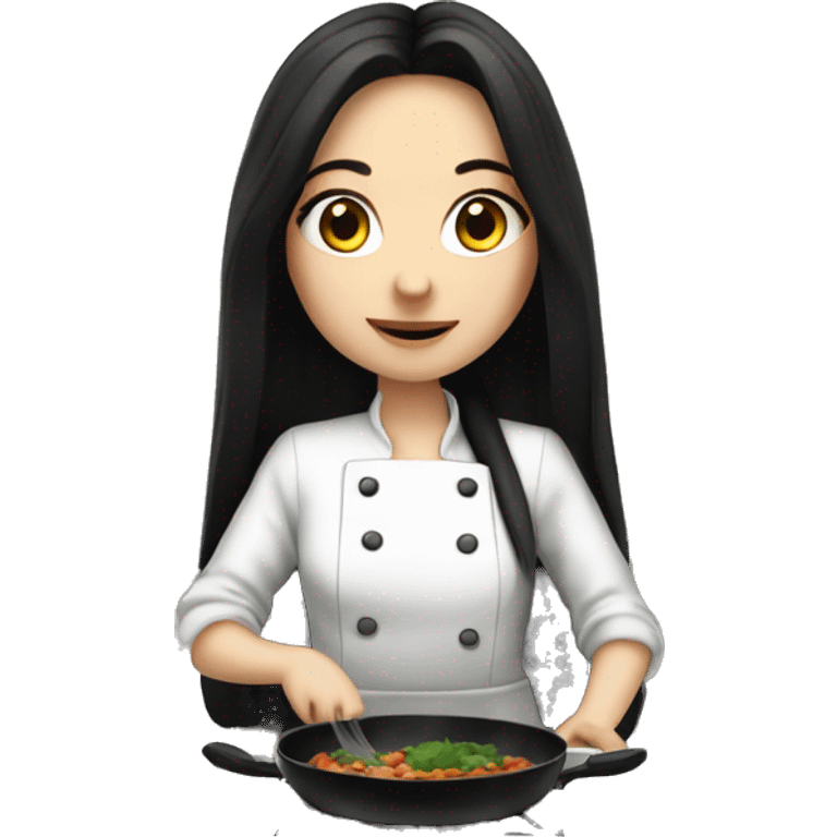 Pale girl with long black hair cooking dinner  emoji