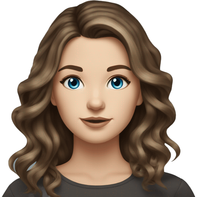 White girl blue eyes with medium length voluminous brown hair with brown highlights balayage  emoji