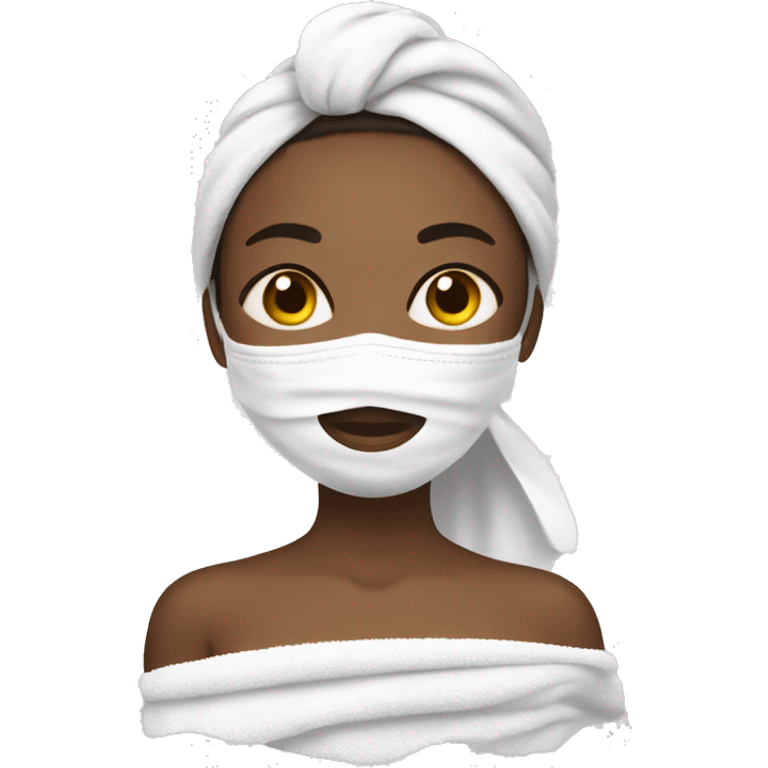 A girl with a towel over her hair and a white towel on her body and a face mask on her emoji