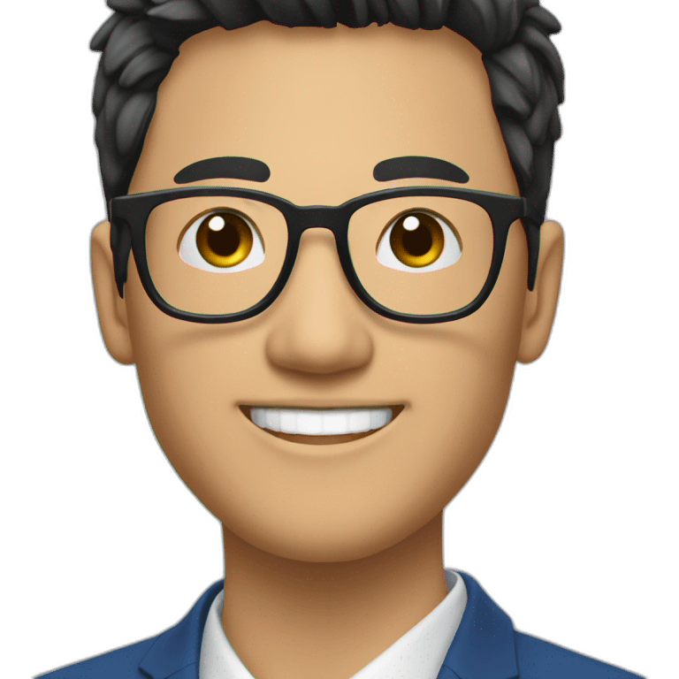 Young Business man with Black hair and round Glases, smiling, asian, blaue suit, without tie emoji