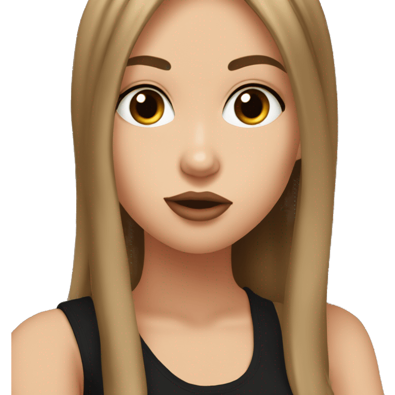 a white girl with brown straight hair and brown eyes with a black tank top doing a kiss face emoji