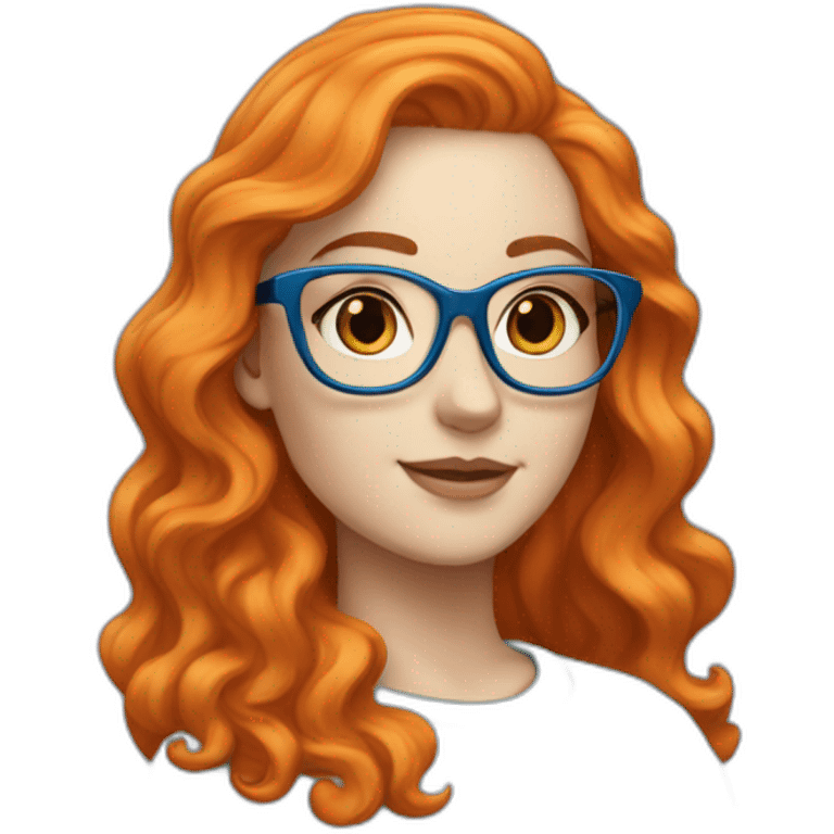 A white girl with orange long wavy hair, blue glasses and a blue blousse emoji