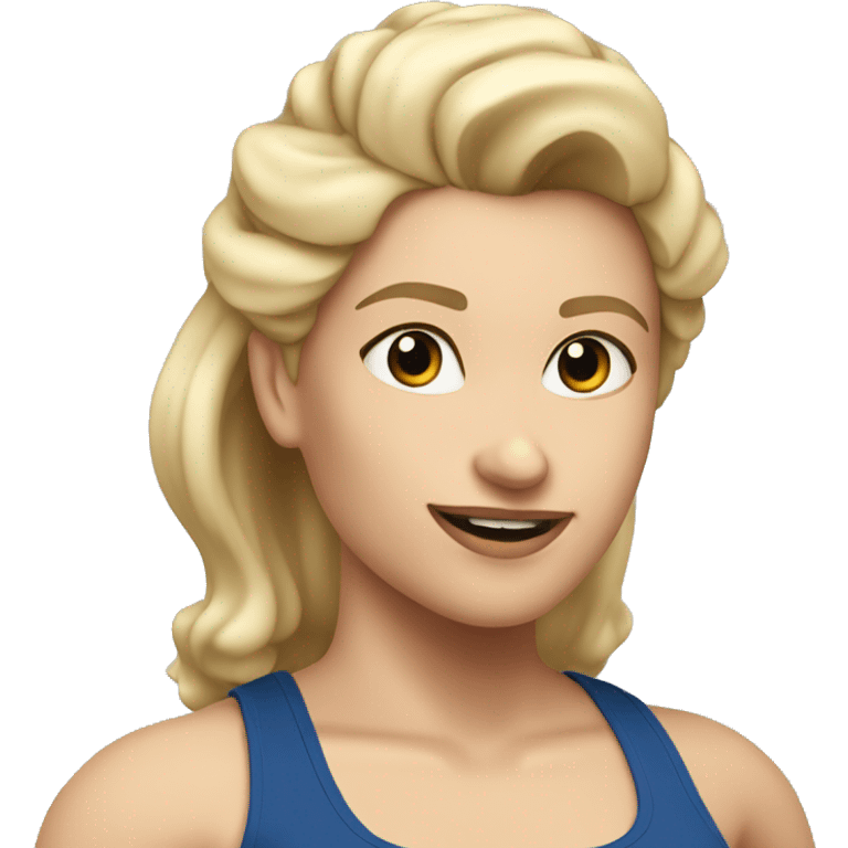 blonde woman working out with a black tank top and a blue shorts and she is holding a dumbell emoji