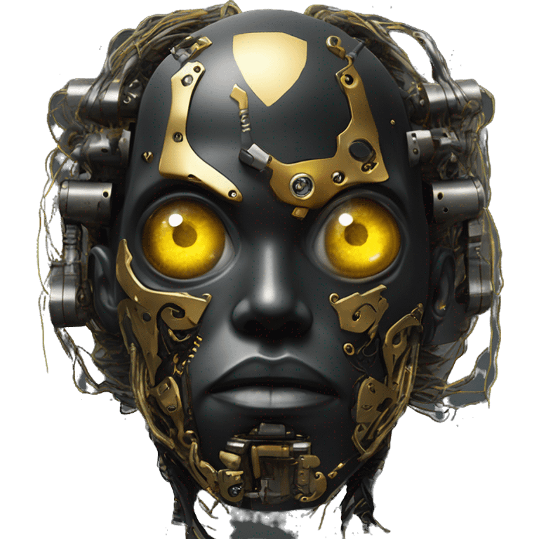 black metal male cyborg head with  one artificial eyeball, circuitry, goatee and dreaded yellow gold hair emoji