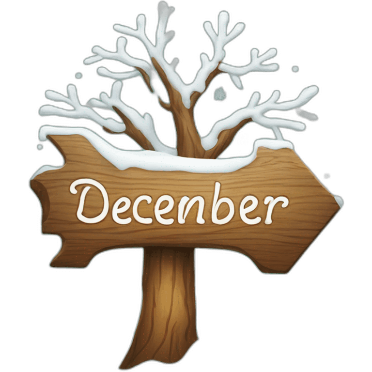 Wood sign with inscription «December” and snowflake and christmas willow  emoji