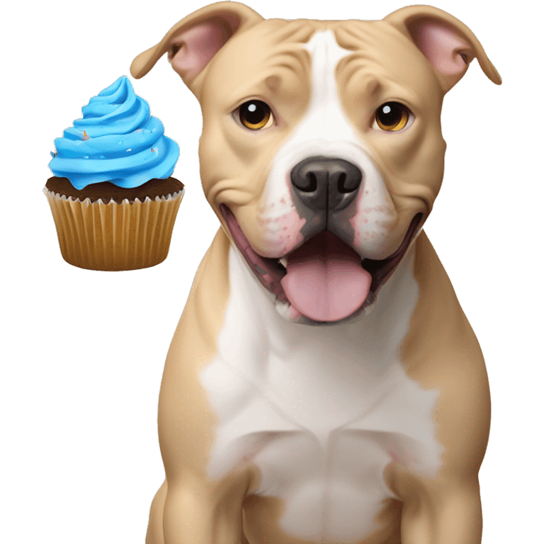 Pitbull with blue eyes and blonde fur with cupcake emoji