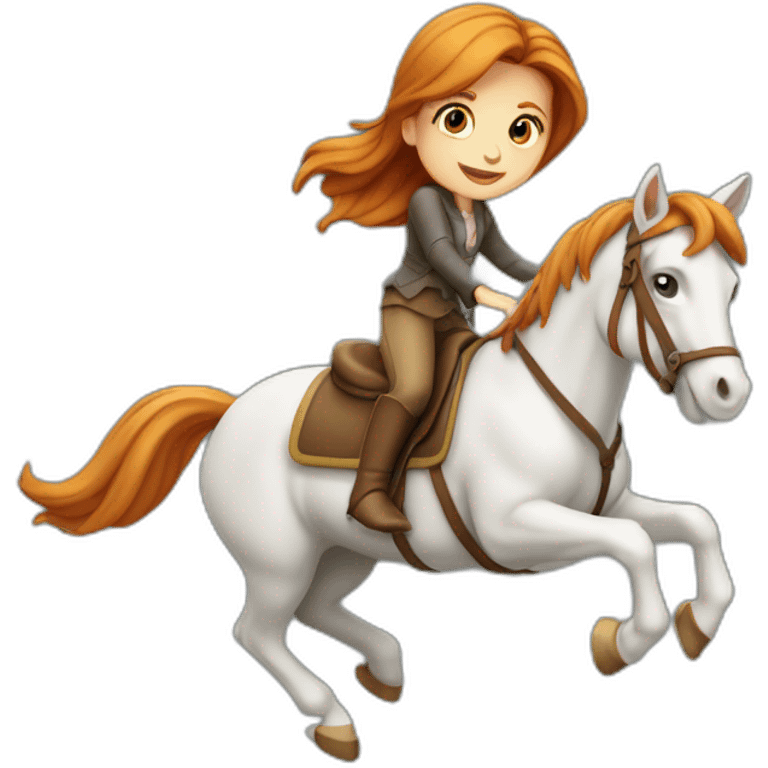 Fille rousse sur un cheval qui saute un obstacle emoji