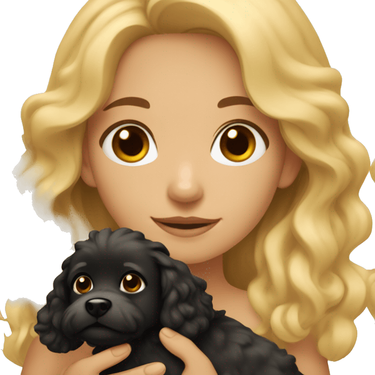 A girl with blonde wavy hair and brown eyes holding a small black fluffy dog emoji