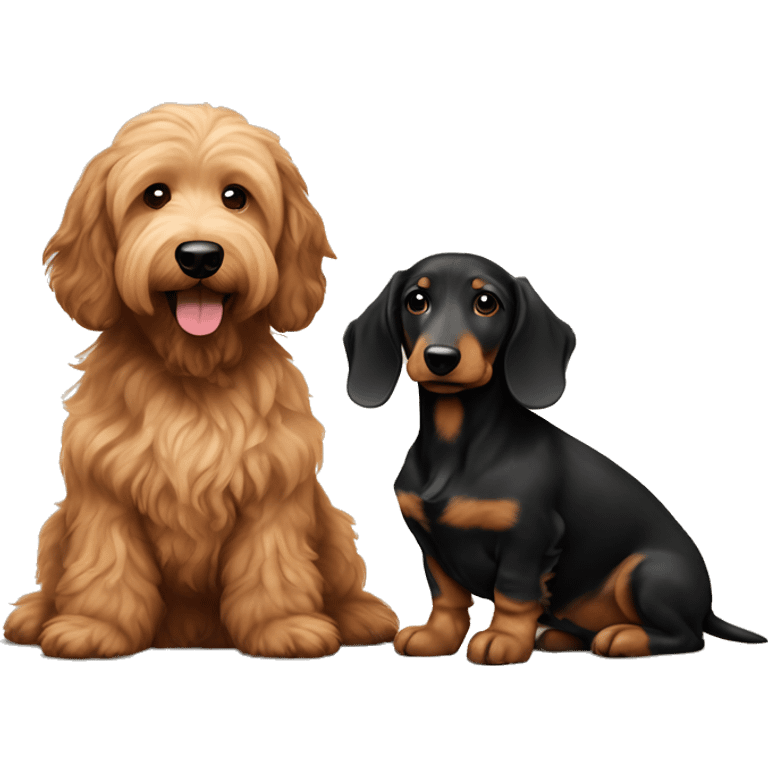 Brown golden doodle and black and tan and cream longhair dachshund sitting together  emoji