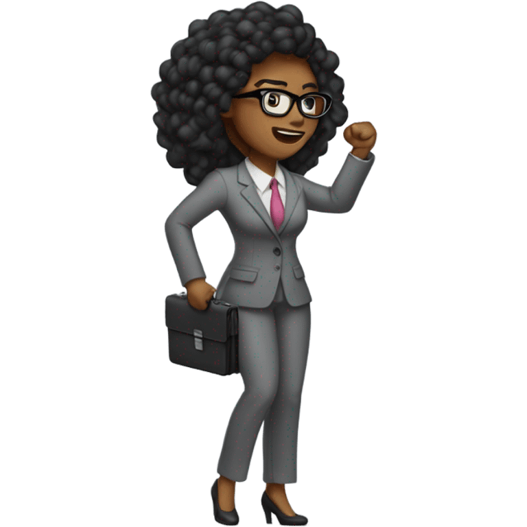 Sexy black female with glasses, a Grey flannel suit, and a briefcase fighting for women's rights fist in the air! emoji