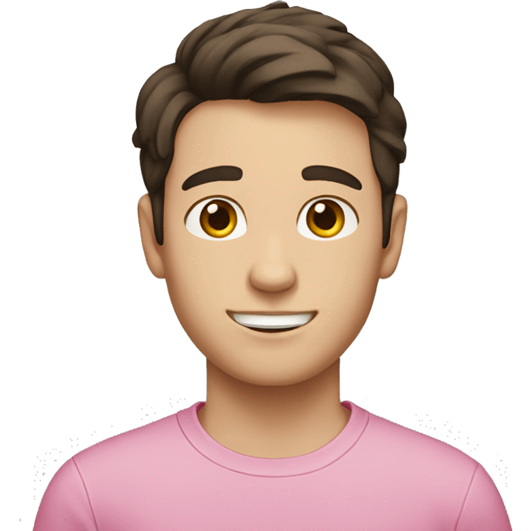 White boy with dark brown hair flipped to the side. Pink shirt.  emoji