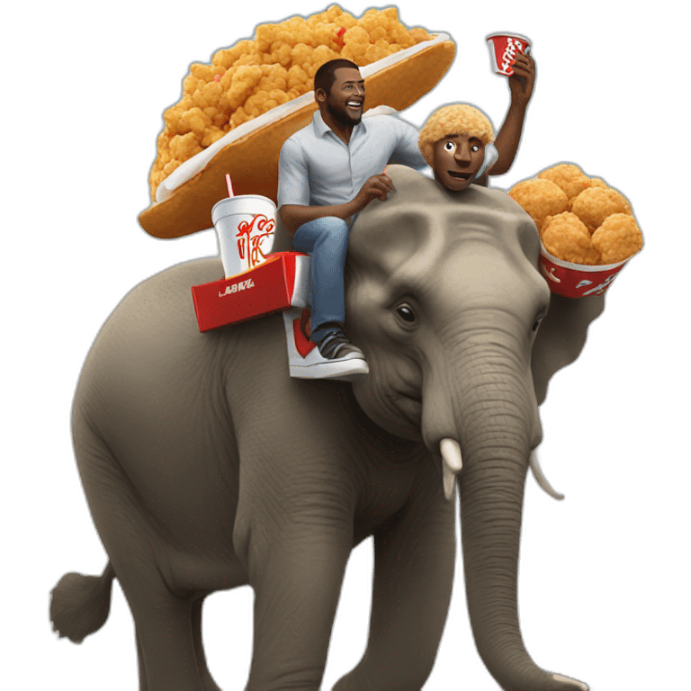 black man, riding a giant elephant while eating kfc emoji