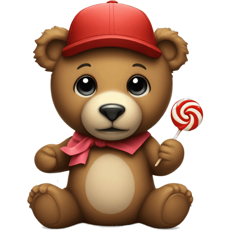 teddy bear with a cap and a lollipop in his hand emoji