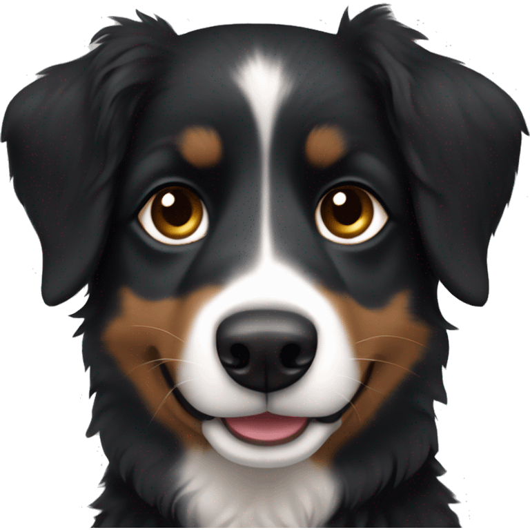 Small black australian shepherd dog with dark brown eyes and black face emoji