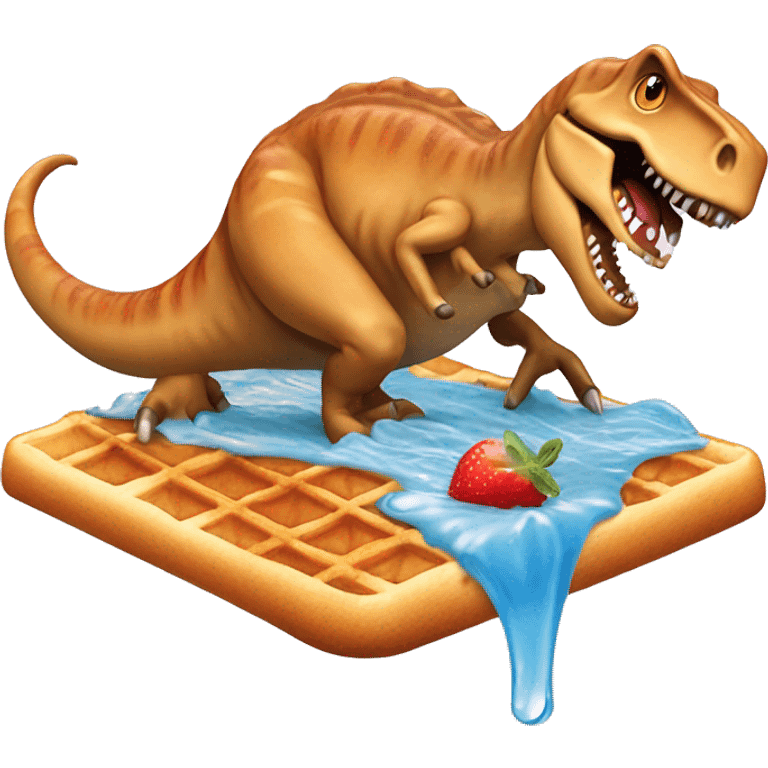 T-Rex surfing on a waffle with syrup as water emoji