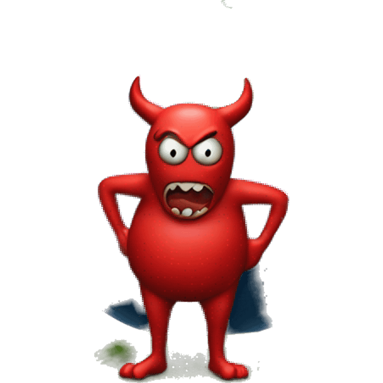 devil standing on the ground with a tiny planet earth revolving around it emoji