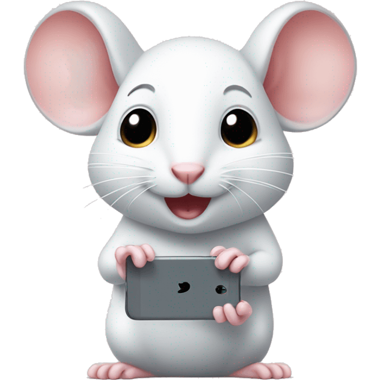 Cute little white mouse using an iphone emoji