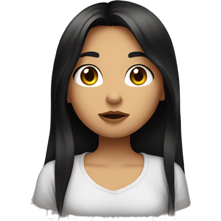 A girl with long dark hair, brown eyes, in a black T-shirt, sending a kiss emoji