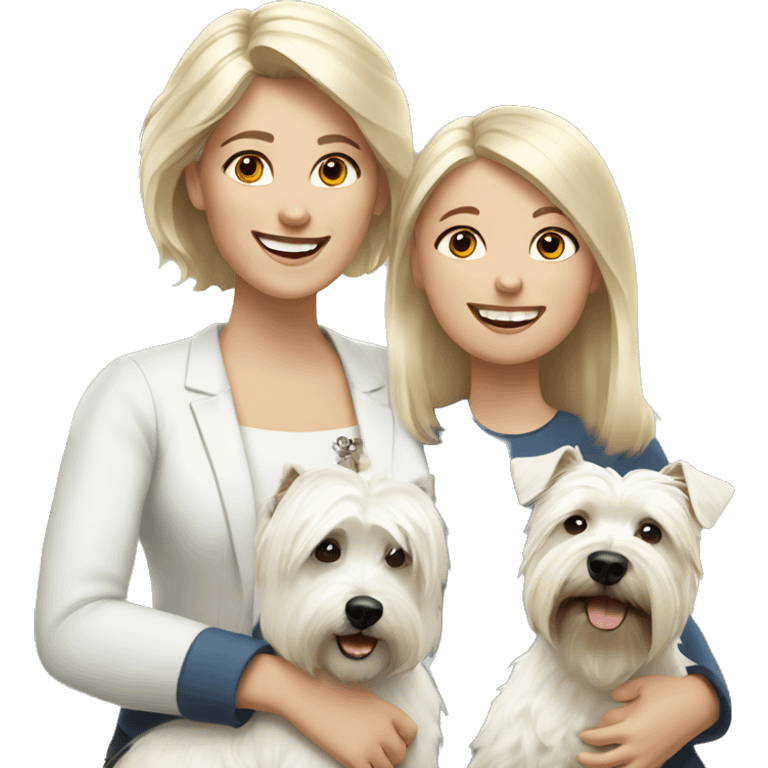 Family picture woman with blonde hair and daughter with dark brown hair and happy West Highland White Terrier emoji