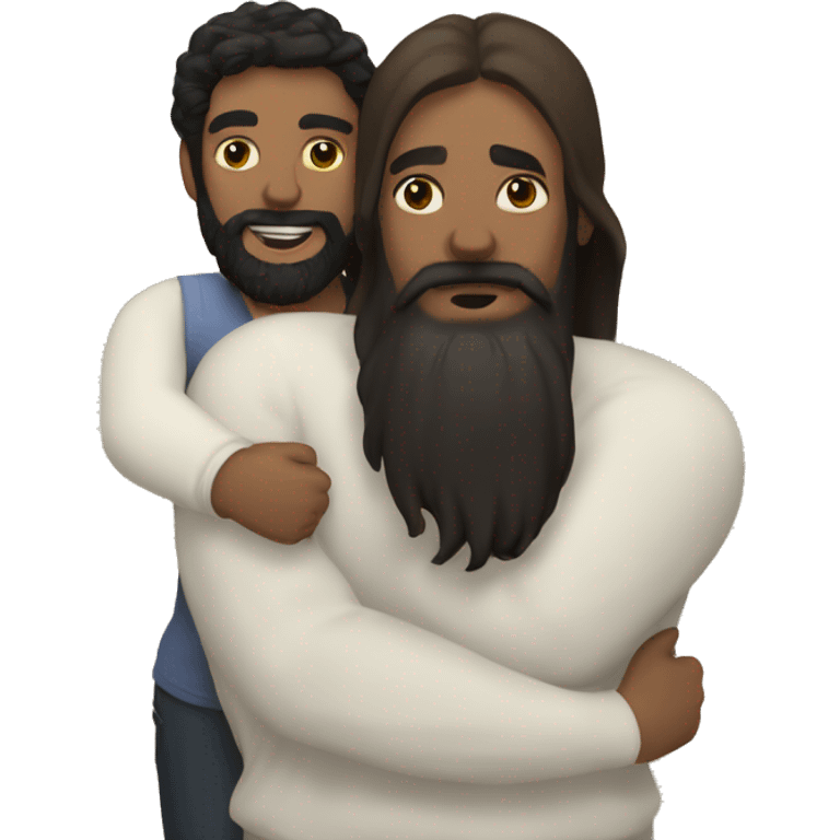 White man with black beard and long brown hair hugging brown woman with black hair  emoji