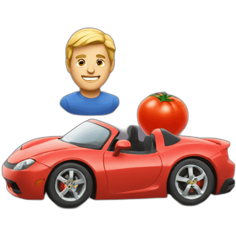 man with tomato face driving a sports car emoji