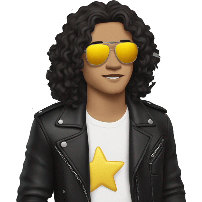 Conan Gray with long dark curly hair, a white shirt, a leather jacket with yellow stars, sunglasses, and black jeans emoji