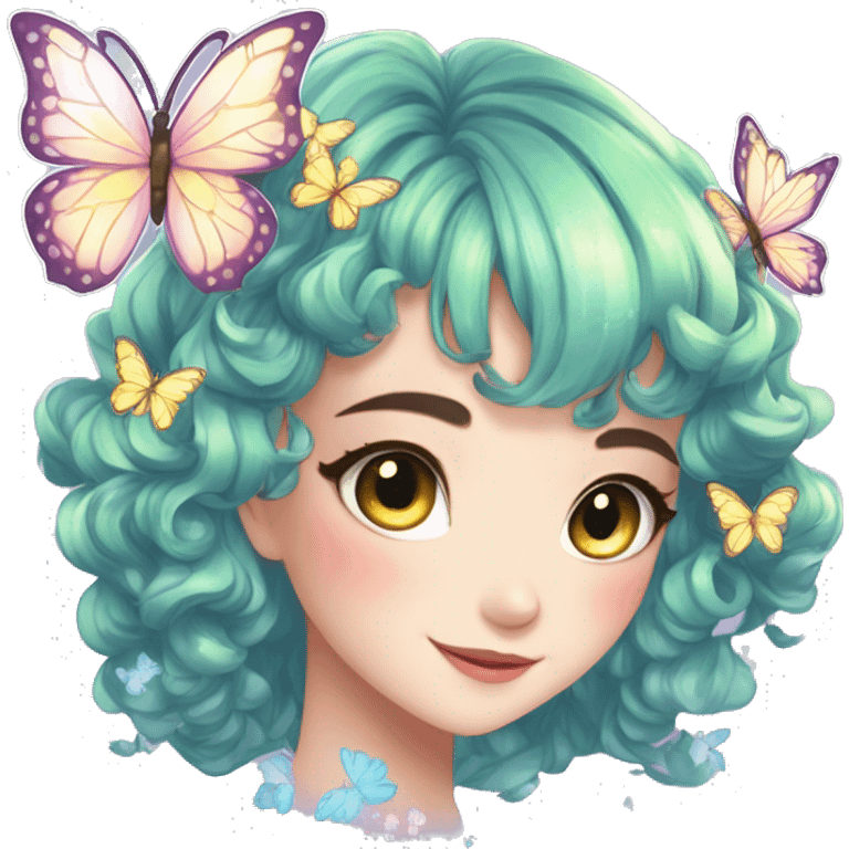 gorgeous shiny anime lady with butterflies and beautiful hair fairycore cottagecore high quality detailed emoji