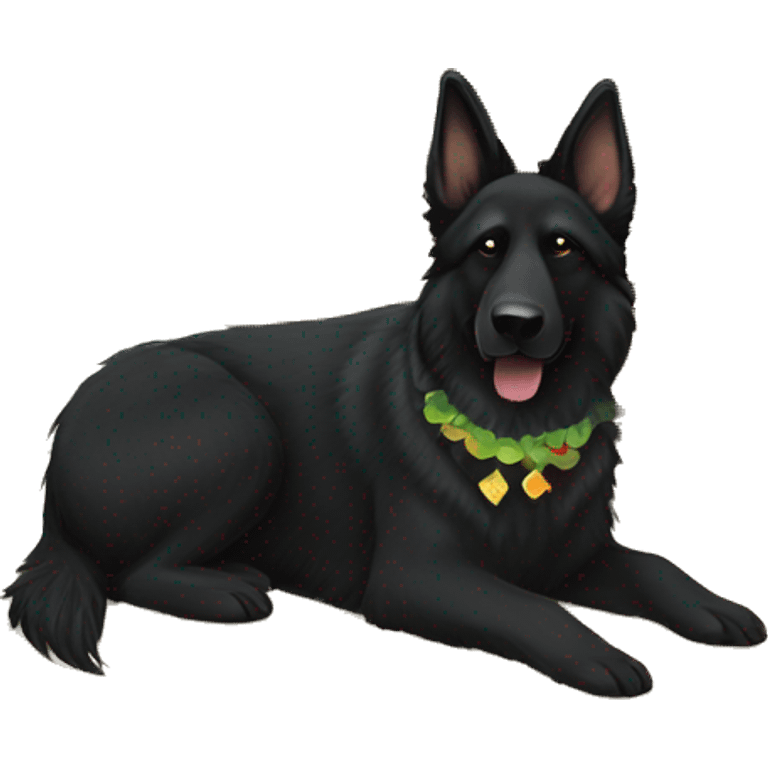 Black long haired german shepherd holding a margarita and laying on the beach underneath a tiki hut   emoji