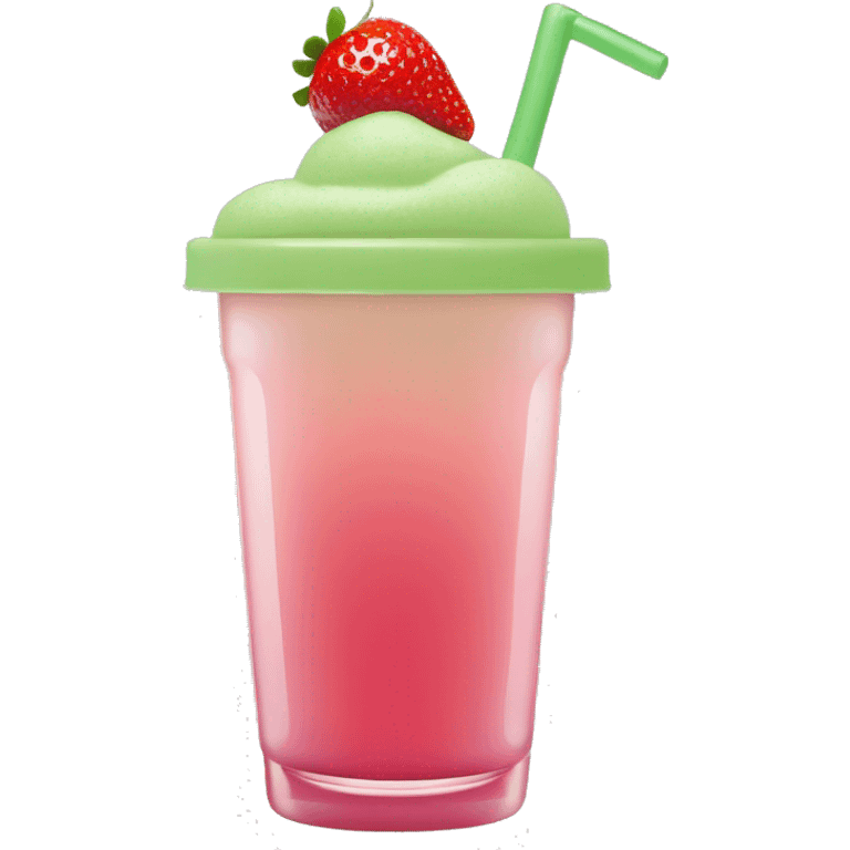 clear cup of strawberry matcha** with a **green top half layer** and **pink bottom half layer**. A **transparent straw** sticks out, slightly tinted by the drink's colors. emoji