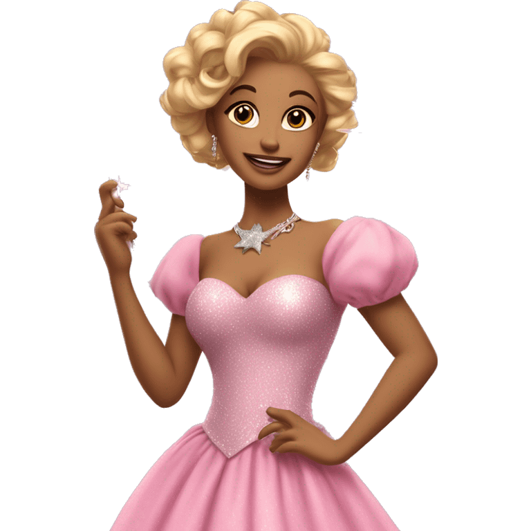 An elegant woman with golden-blonde curls in an updo. Wearing a sparkling pink ball gown with puffed sleeves. She holds a silver star wand and has a kind, radiant expression. Embodying charm and magic. emoji