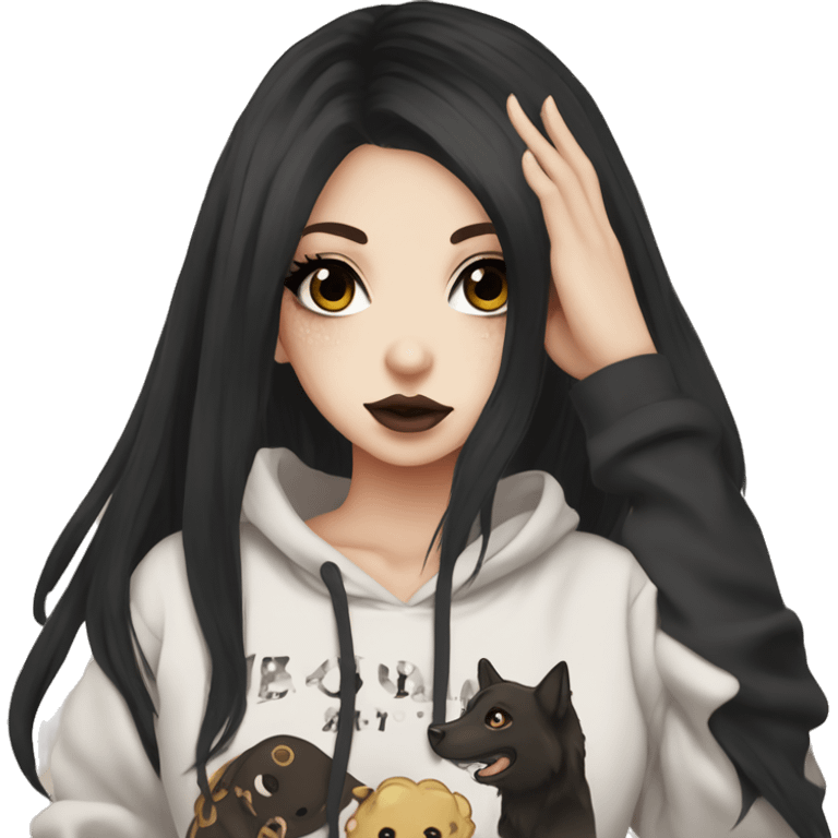 hime gyaru girl, tattoos, pale skin with brown eyes and black hair, dark makeup, black hoodie emoji