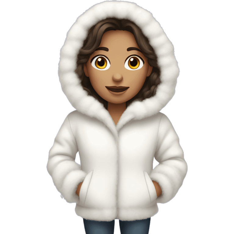 Brunette girl wearing white fluffy coat emoji