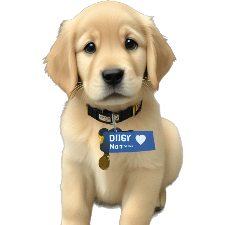 dark golden retriever puppy with a name tag that collar that says Digby emoji