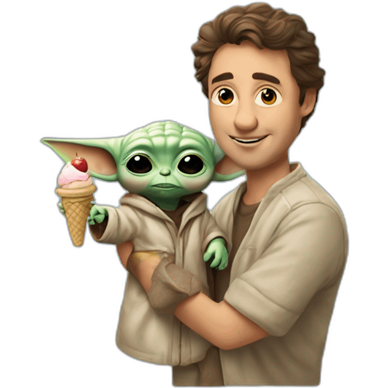 Rick Ashley with a baby yoda in hes hand and a ice Cream  emoji