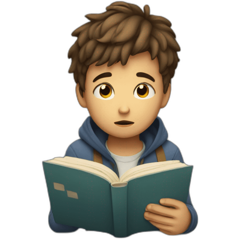 a boy trying to read a book but he is sad emoji