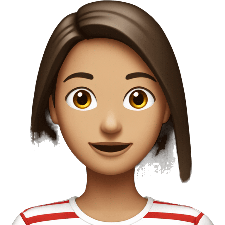 Portrait of an adult girl, tanned skin, dark chocolate long straight hair, dark eyes, smiling, wearing a white long sleeve with red horizontal narrow stripes. emoji