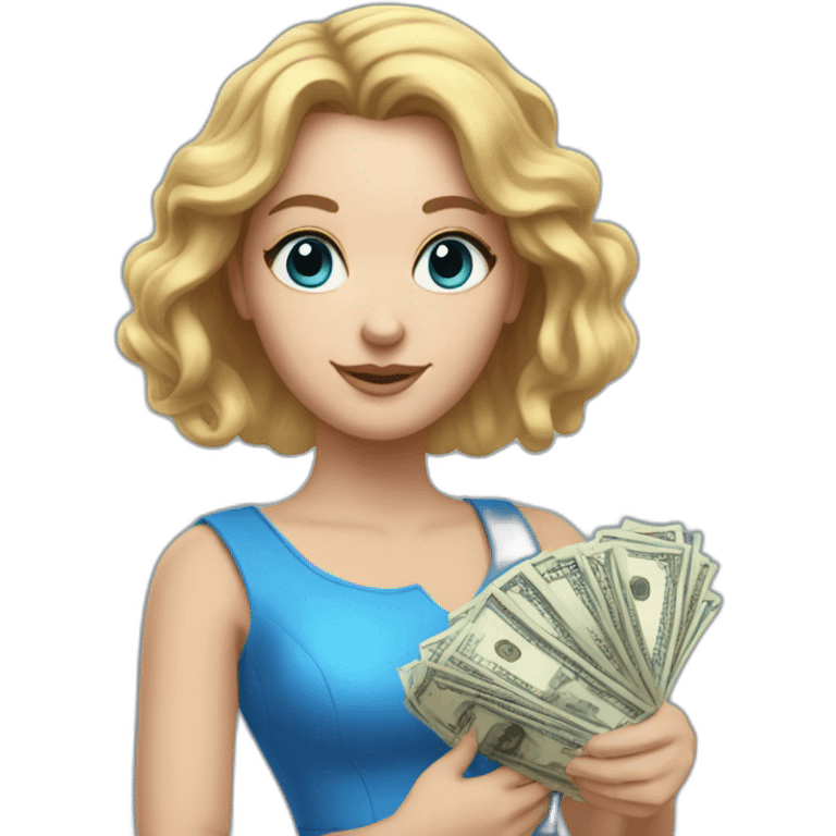 Realistc white girl in a blue dress her hair out holding the money emoji